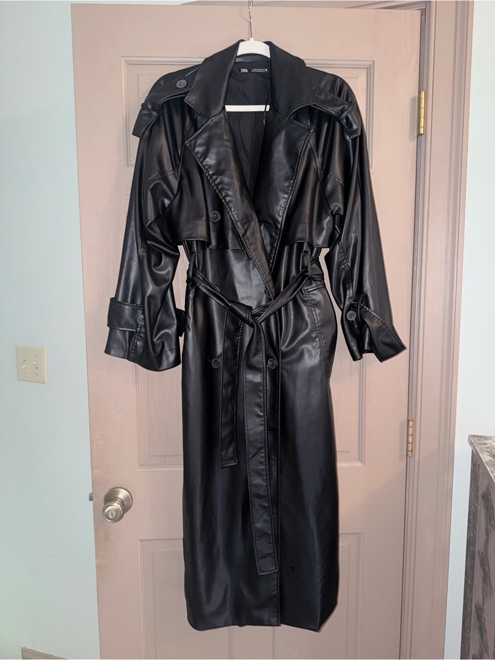 Zara Oversized Faux Leather Trench Coat Black XS